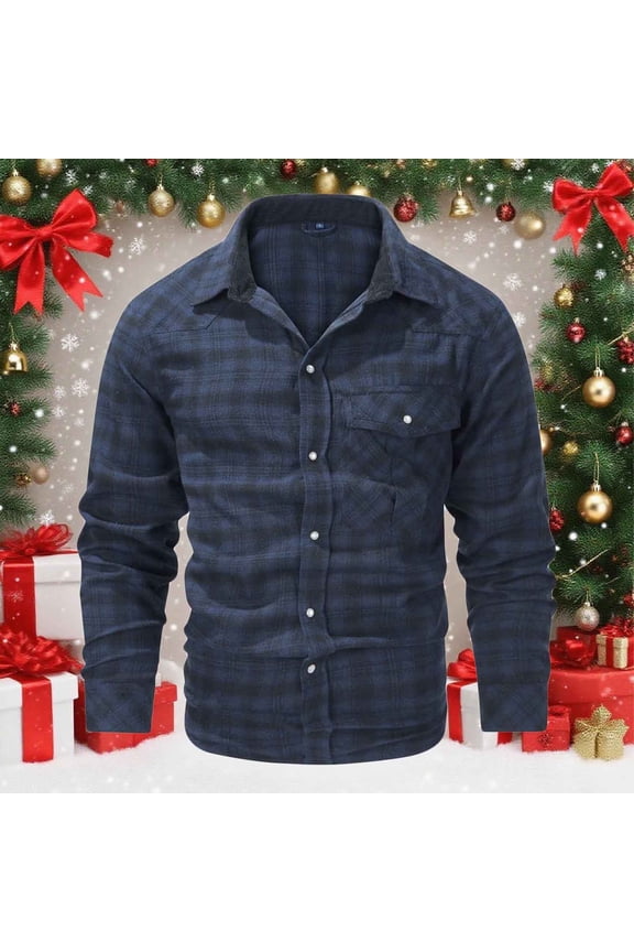 Durable Versatile Plaid Shirt Jacket for Men Fall Outfit Plus-Size Checkered Flannel Shirt Retro Pearl-Button Shirt Blue L