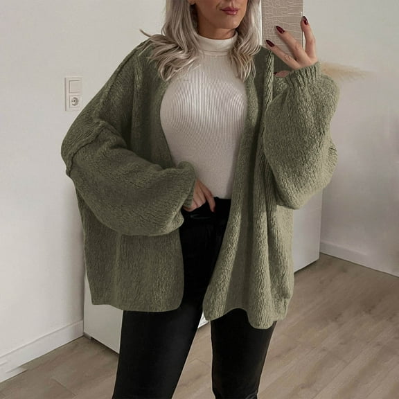 Homenesgenics Cardigan Sweater Women Knitted Solid Color Open Front Jacket Plus Size Jacket with Pocket Green S