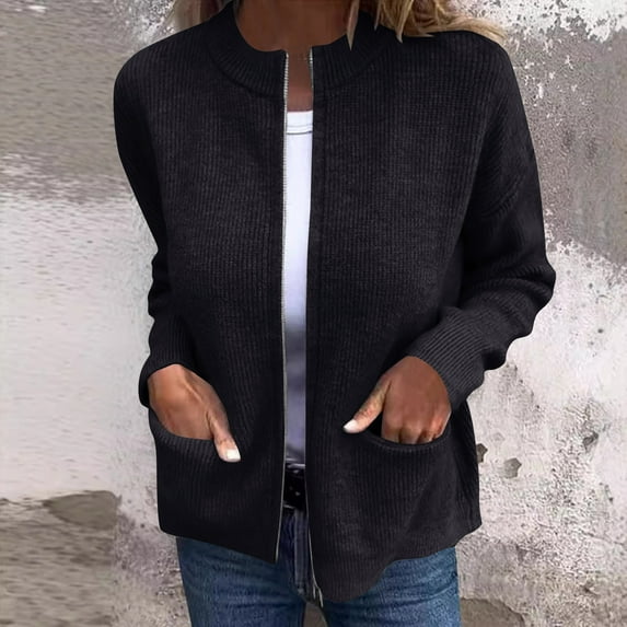 Homenesgenics Plus Size Womens Clothes Tops Sweaters Women's Solid Color Zipper Knit Sweater Jacket Long Sleeved Sweater Cardigan with Pocket Black L