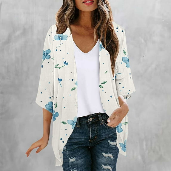 Homenesgenics Women's Long Sleeve 3/4 Sleeve Print Casual Lightweight Plus Size Open Front Tops with Pocket Cardigan Multicolor L