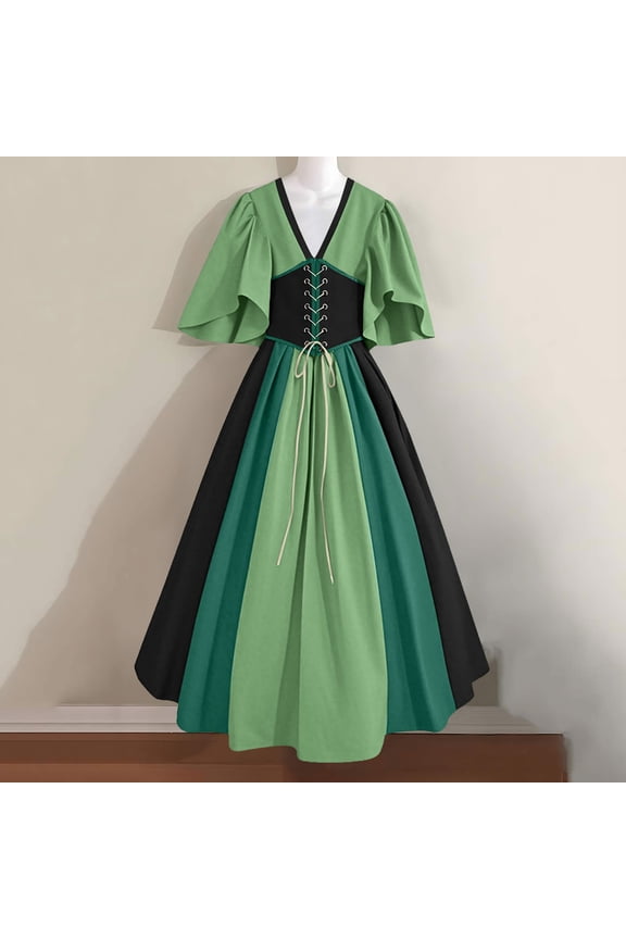 Spring Dresses 2026 Women's Medieval Court Style Gothic Contrasting Splicing Flying Sleeves With Lace Up Waist And Large Skirt Evening Dress Green S
