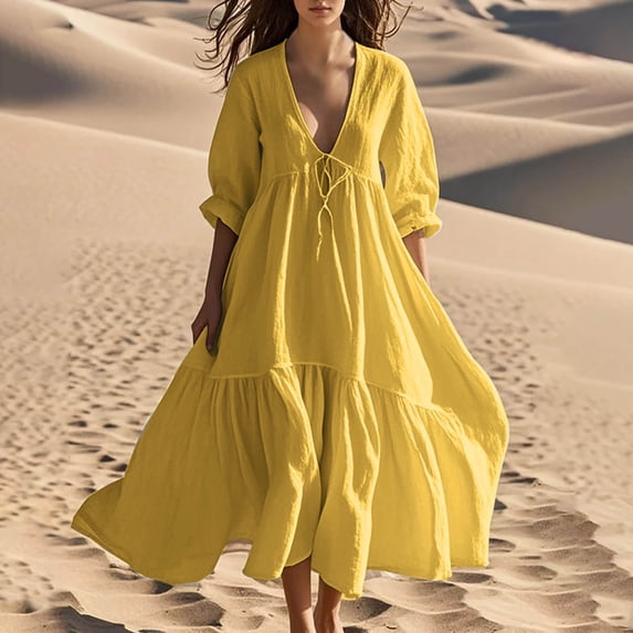 Homenesgenics Spring Dresses for Women 2026 Plus Size Trendy Spring Dresses For Women Print Sleeveless Round Neck Dress Casual Long Dresses Yellow XXL