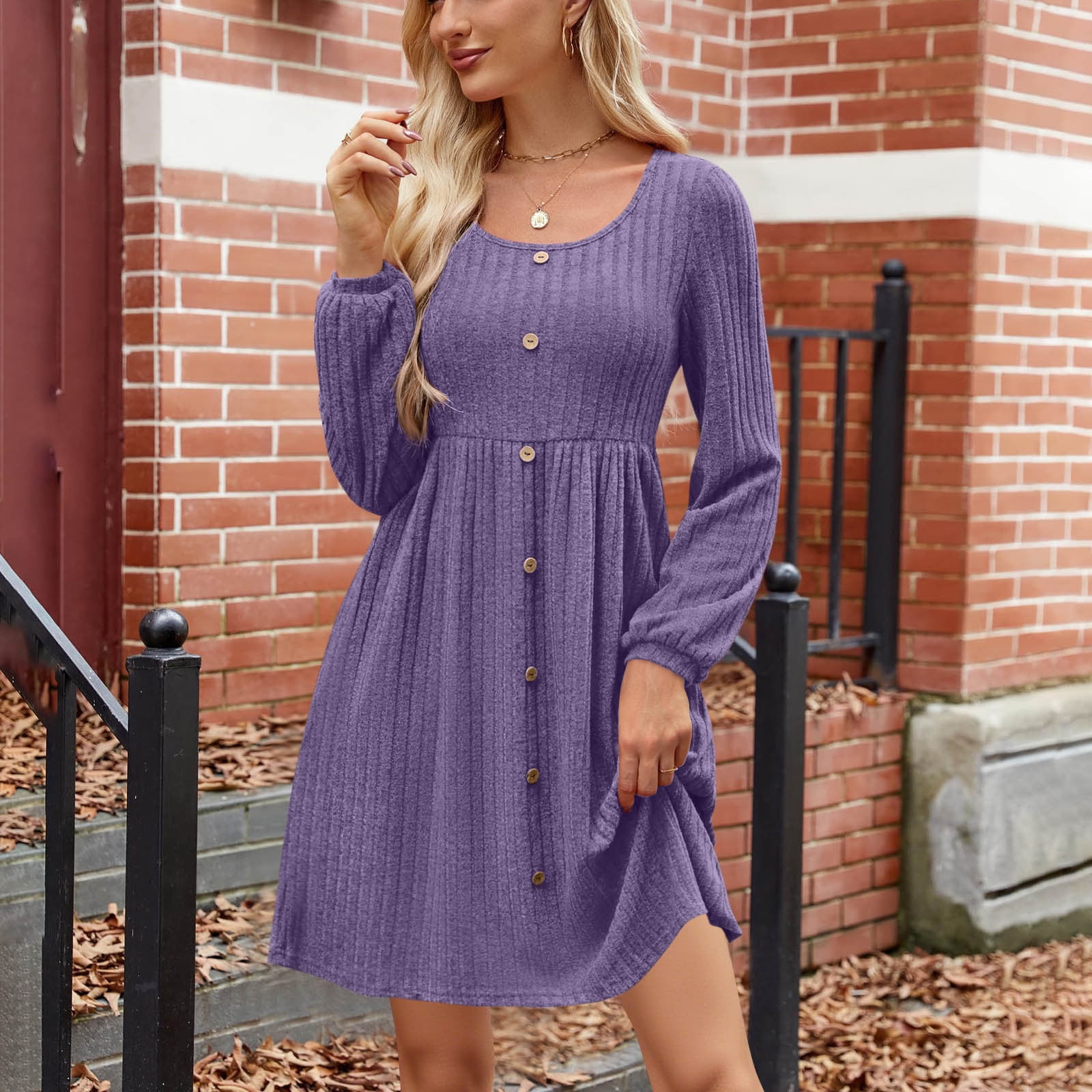 trendy fashion dresses for women Homenesgenics Spring Dresses for Women 2026 Plus Size Trendy Fashion Women's  Casual Solid Round Neck Long Sleeve Button Dress Purple M