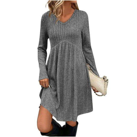 Homenesgenics Spring Dresses for Women 2026 Plus Size Trendy Ladies' Color Casual Long-sleeved V-neck Dress With Pockets And A Cinched Waist Gray M