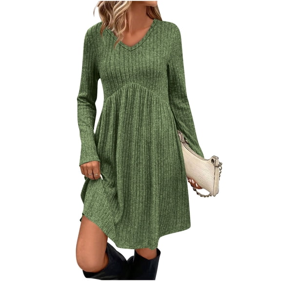 Homenesgenics Spring Dresses for Women 2026 Plus Size Trendy Ladies' Color Casual Long-sleeved V-neck Dress With Pockets And A Cinched Waist Green S
