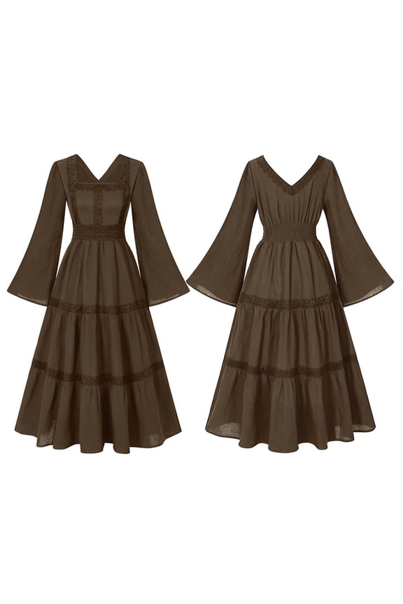 Fall Dresses for Women Plus Size Woman Fashion Casual Solid Mediaeval Long Sleeve Corset Dress Gypsy/Boho Dress Gothic Corset Gown Brown S