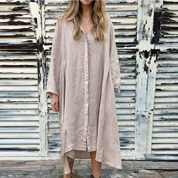 Homenesgenics Fall Dresses for Women Plus Size Women's Fashion Casual Solid Color Long Sleeve Button Pocket Turndow Collar Dress Shift Dress Beige S
