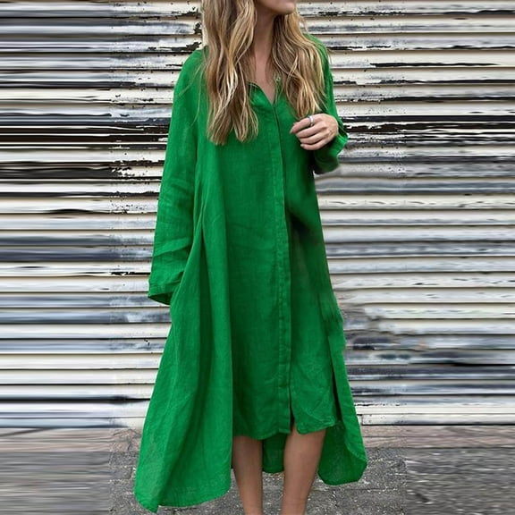 Homenesgenics Fall Dresses for Women Plus Size Women's Fashion Casual Solid Color Long Sleeve Button Pocket Turndow Collar Dress Shift Dress Green L