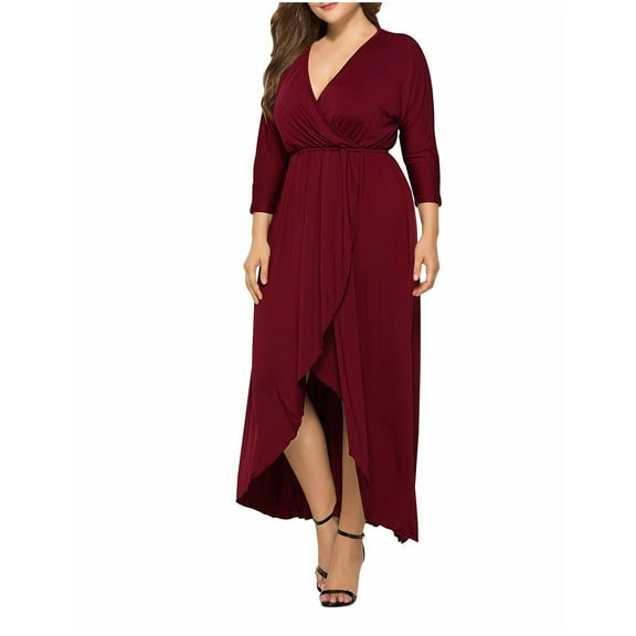 Homenesgenics Fall Dresses for Women Plus Size Women's Solid Color Sexy V-Neck Hip Hugging Dress Long Sleeved V-Neck Ankle Dress Corset Dress Red XXXL