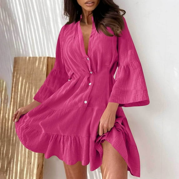 Homenesgenics Fall Dresses for Women Plus Size Women's V-Neck Button Up Long Sleeved Flared Dress Solid Color Mini Dress Long Sleeved V-Neck Dress Pink XXL