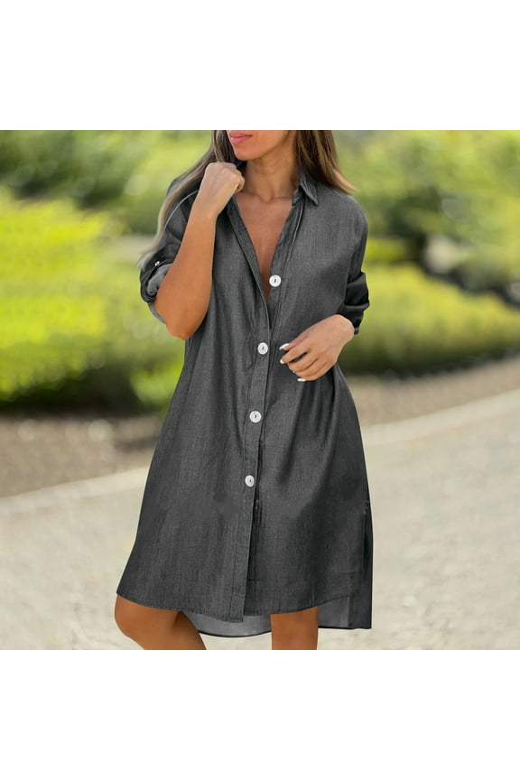 Fall Dresses for Women Plus Size Womens Denim Dress Jean Solid Color Button Short Sleeved Lapel Casual Belt Pocket Shirt Dress Shift Dress Black XXXL