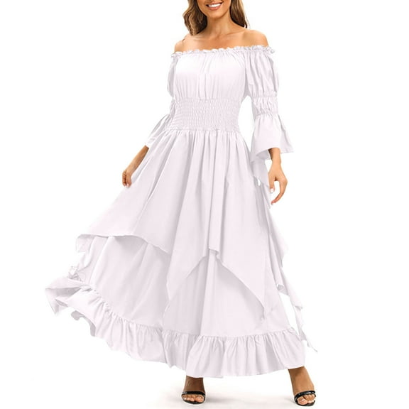 Homenesgenics Spring Dresses for Women 2026 Plus Size Trendy Women's Medieval Off-Shoulder Tunic Long Sleeve Dress White M