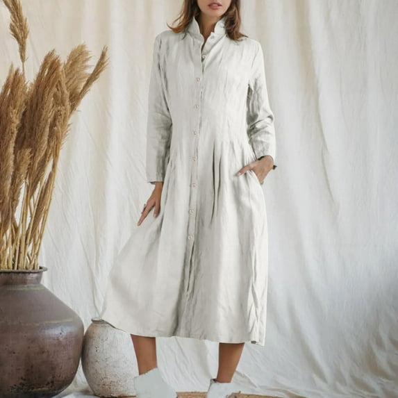 Homenesgenics Fall Dresses for Women Plus Size Fashion Women's Casual Solid Color Long Sleeve Turndown Collar Dress Gray XXXXL