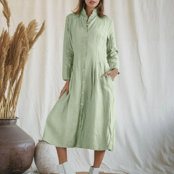 Homenesgenics Fall Dresses for Women Plus Size Fashion Women's Casual Solid Color Long Sleeve Turndown Collar Dress Green L