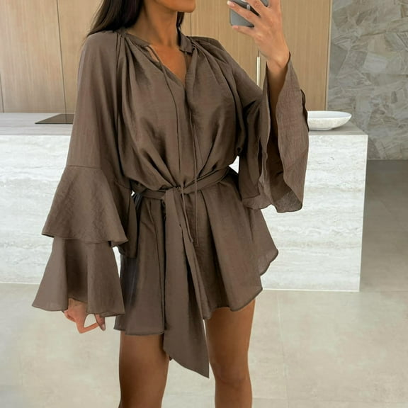 Homenesgenics Fall Dresses for Women Plus Size Women Sexy Elegant Solid Color V-Neck Bandage Waist Flare Sleeve Dresses Brown XXL
