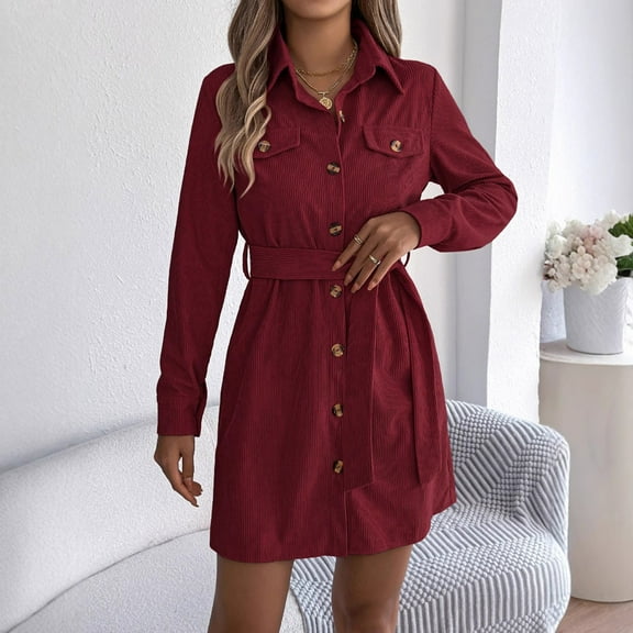 Homenesgenics Fall Dresses for Women Plus Size Women's Solid Color Button Long Sleeve Bandage Turndown Collar Dress Dress Red L