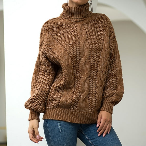 Homenesgenics Fall Sweaters for Women Womens Sweaters under 10$ Women Casual TurtleNeck Pullover Long Sleeve Solid Loose Knitted Sweater Tops Brown XL