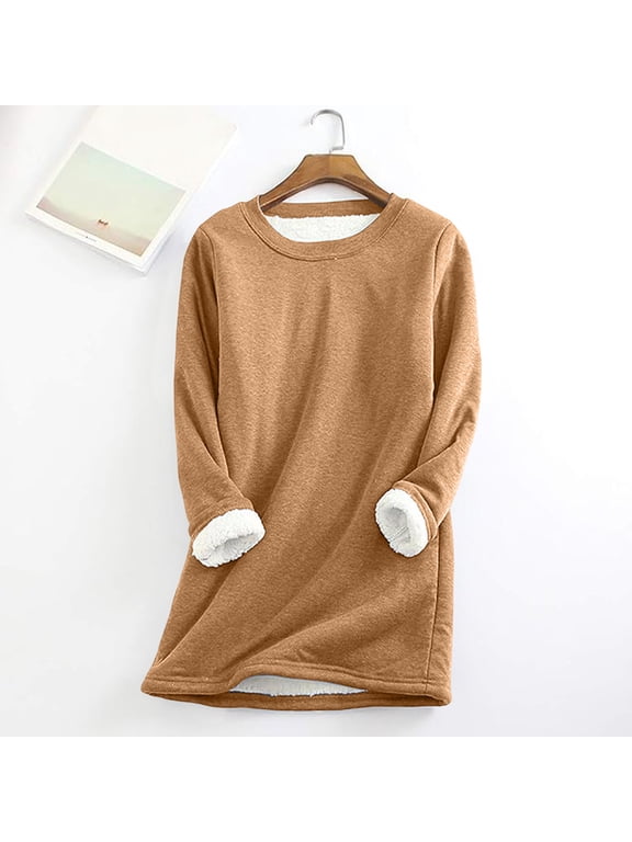 Fall Tops for Women Casual Warm Mid-Length Fleece-Lined Crew Neck Long-Sleeved Top Brown XXL