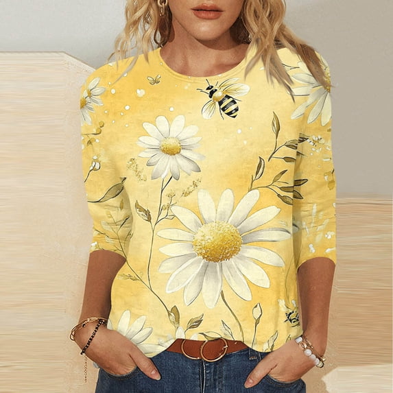 Homenesgenics Fall Tops for Women Long Sleeves Women's Casual Printed Round Neck 3/4 Sleeve T-Shirt Loose Yellow XXXXXL