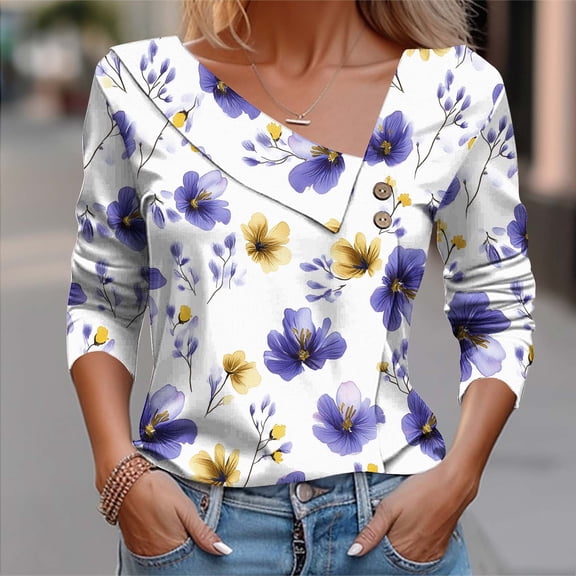 Homenesgenics Fall Tops for Women Long Sleeves Women's Fashion Casual Printed Button-Up Blouse T-Shirt Blouse Yellow L
