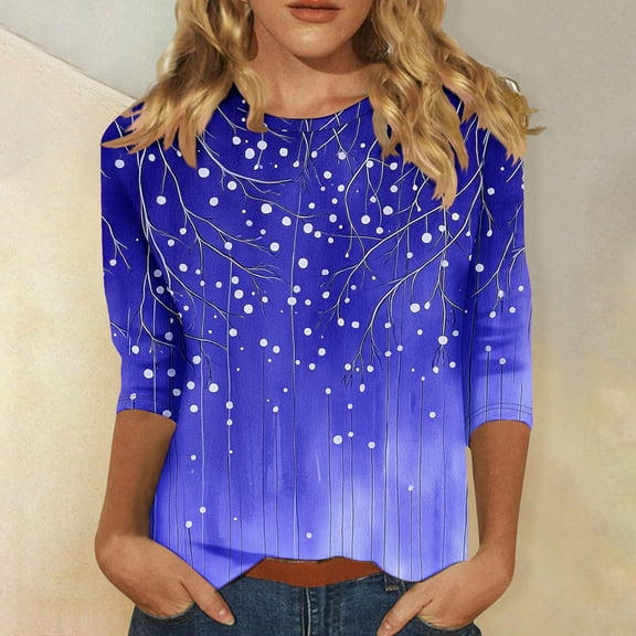 Homenesgenics Fall Tops for Women Long Sleeves Women's Fashion Round-Neck Short Sleeved Printed Pullover Dress Blue XXXXXL