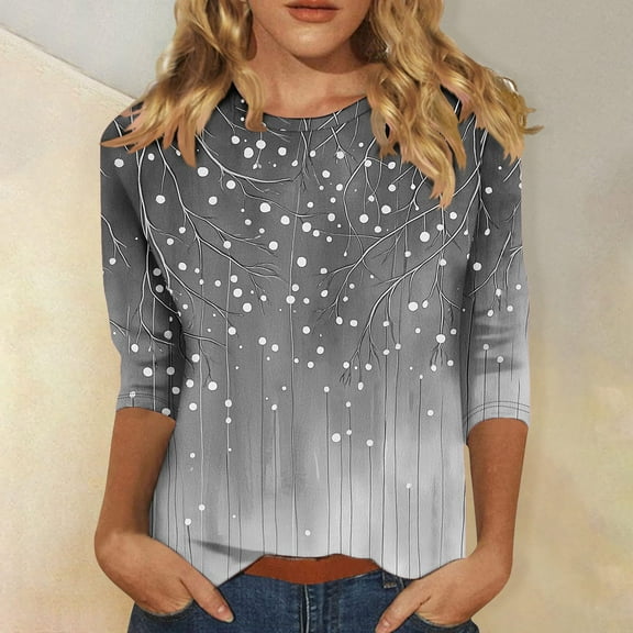 Homenesgenics Fall Tops for Women Long Sleeves Women's Fashion Round-Neck Short Sleeved Printed Pullover Dress Gray L