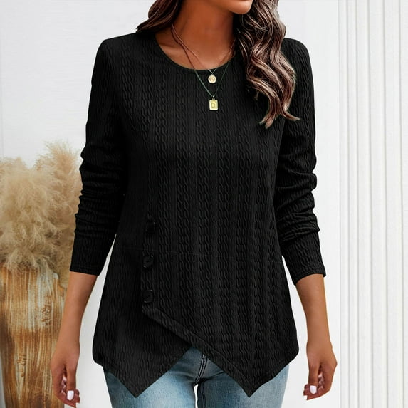 Homenesgenics Fall Tops for Women Long Sleeves Women's Solid Color Round Neck T-Shirt with Irregular Buttons at The Hem Black L