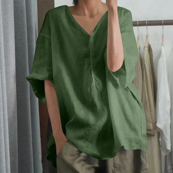Homenesgenics Fall Tops for Women Long Sleeves Women's Summer V-Neck T-Shirts Casual 3/4Sleeve Blouse Green XXL