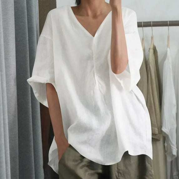 Homenesgenics Fall Tops for Women Long Sleeves Women's Summer V-Neck T-Shirts Casual 3/4Sleeve Blouse White XXXL