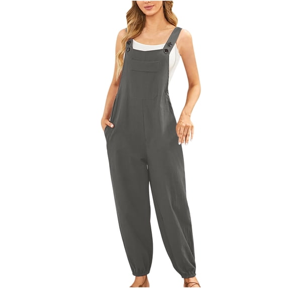 Homenesgenics Fashion Women Casual Cold Shoulder Jumpsuit Solid Button Suspender Jumpsuits Wide Pocket Leg Pant
