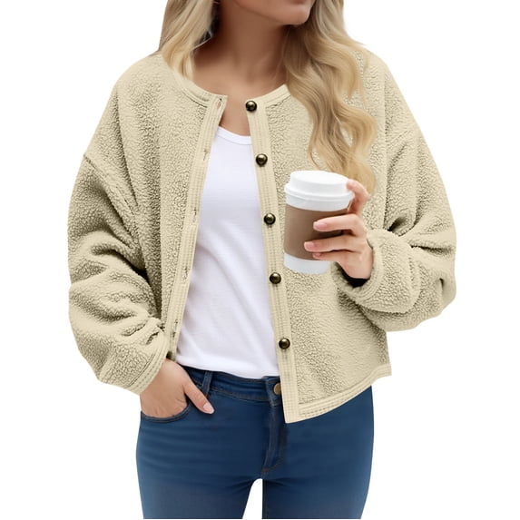 Homenesgenics Fleece Tops for Women Fall Winter Casual Long-Sleeve Button-Up Jacket Jacket Beige XL