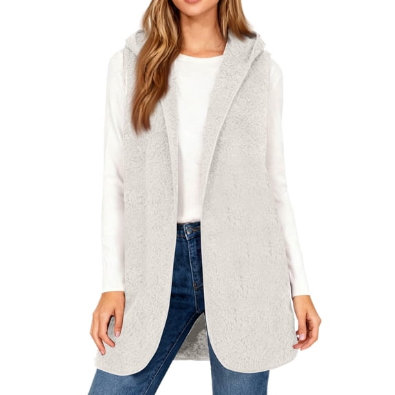 Homenesgenics Fleece Tops for Women Solid-Color Mid-Length Hooded Jacket Vest Loose-Fit Cardigan Sleeveless Warm Outerwear Gray M