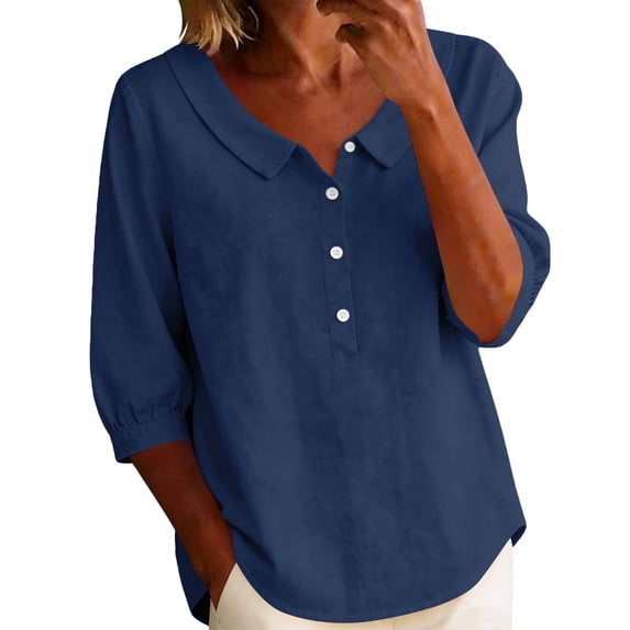 Homenesgenics Going Out Tops for Women Plus Size Collared Shirt Casual Short-Sleeve Half-Button Summer Blue XXL