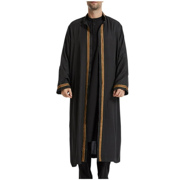 Homenesgenics Gown for Men Men's Muslim Dresses Men's Muslim Clothes Arab Middle Robe Long Style Long Sleeve Embroidered Standing Neck Pocket Long Shirt Black S