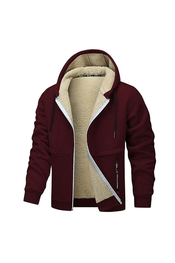 Jackets for Men Winter under $10.00 Men's Warm Solid Color Thick Design Zipper Pocket Drawstring Long Sleeved Hooded Casual Jacket Red S