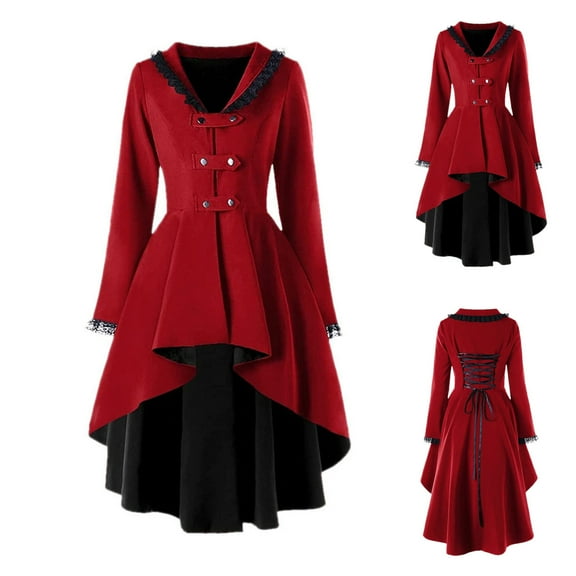 Homenesgenics Jackets for Women Plus Size in Women Retro Slim Casual Irregular Coat Long Sleeve Lace Splice Bandage formal Outwear Coat Red S