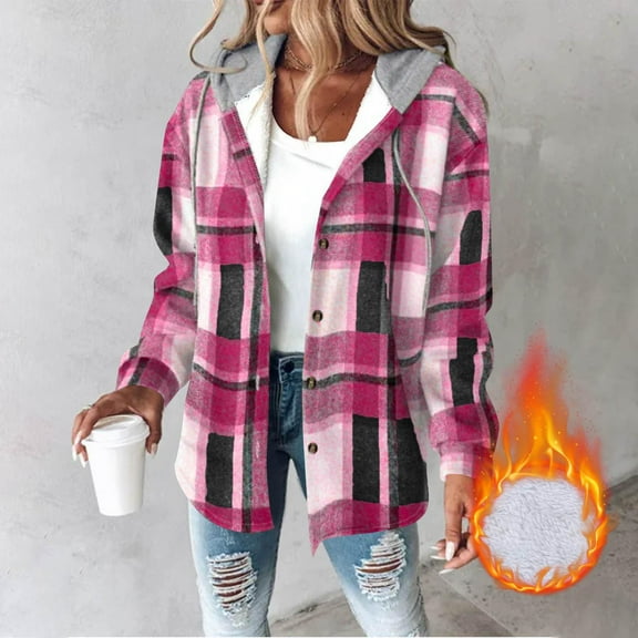 Homenesgenics Jackets for Women Plus Size Flannel Casual Fleece Plaid Hooded Long-sleeve Button Down Shackets Hooded Thick Sweatshirt Coat Tops Black*Friday/Cyber*Monday Pink L