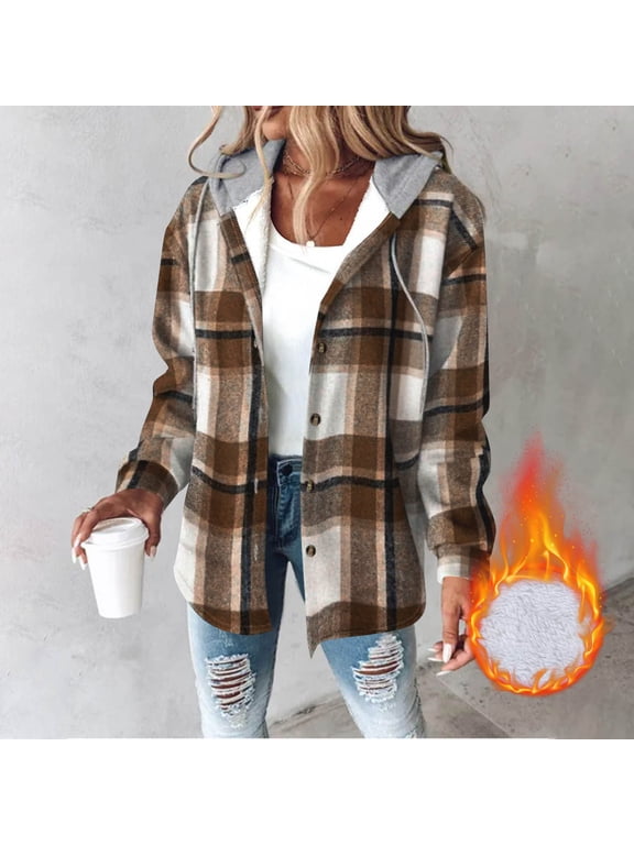 Jackets for Women Plus Size Flannel Casual Fleece Plaid Hooded Long-sleeve Button Down Shackets Hooded Thick Sweatshirt Coat Tops Black*Friday/Cyber*Monday Brown XXL