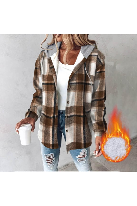 Jackets for Women Plus Size Flannel Casual Fleece Plaid Hooded Long-sleeve Button Down Shackets Hooded Thick Sweatshirt Coat Tops Black*Friday/Cyber*Monday Brown L