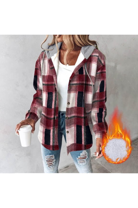 Jackets for Women Plus Size Flannel Casual Fleece Plaid Hooded Long-sleeve Button Down Shackets Hooded Thick Sweatshirt Coat Tops Black*Friday/Cyber*Monday Red XL