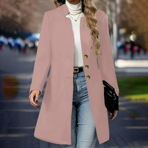 Homenesgenics Jackets for Women Plus Size Women's Solid Casual Thicken Wool Stand Collar Inner Lining Pocket Breasted Pea Coat Black*Friday/Cyber*Monday Pink XXL