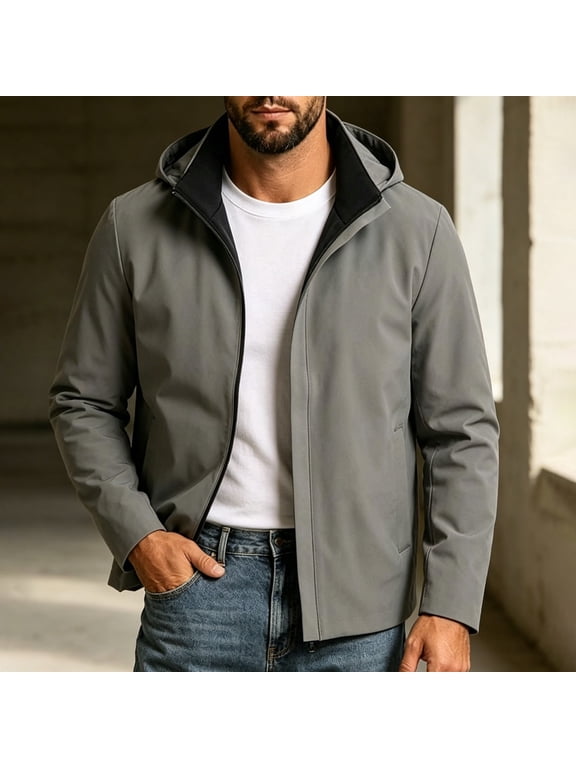 Jackets for Men Big and Tall Casual Hooded Softshell Zipper Lightweight Windbreaker Business Outerwear Gray XXL