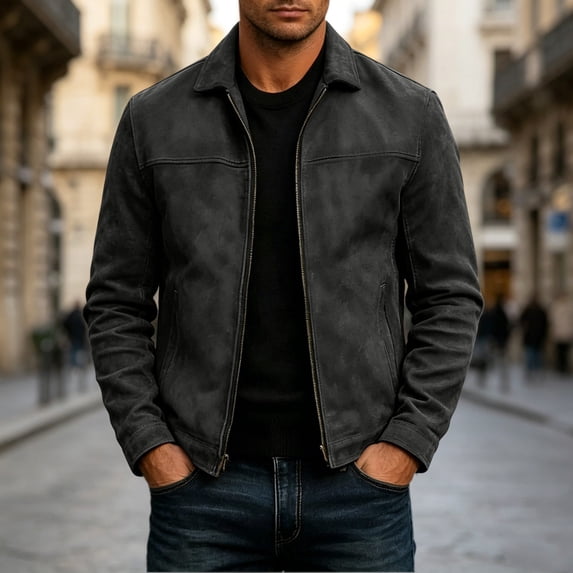 Homenesgenics Jackets for Men Big and Tall Long-Sleeve Turn-Down Collar Zipper Leather Outerwear Black M