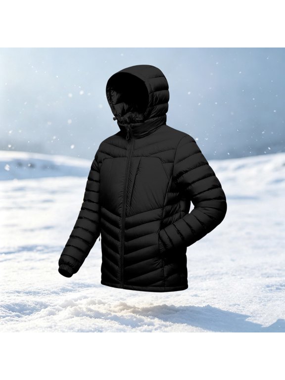 Jackets for Men Big and Tall Loose-Fit Lightweight Insulated Full-Zip Hooded Quilted Cotton Long-Sleeve Outerwear Black L