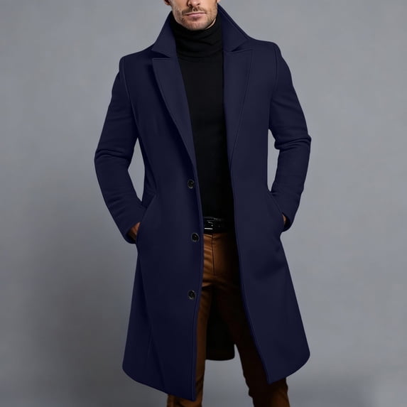 Homenesgenics Jackets for Men Big and Tall Turn-Down Collar Button-Front Long-Sleeve Mid-Length Trench Outerwear with Pockets Blue XXXXL