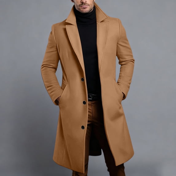 Homenesgenics Jackets for Men Big and Tall Turn-Down Collar Button-Front Long-Sleeve Mid-Length Trench Outerwear with Pockets Brown XL