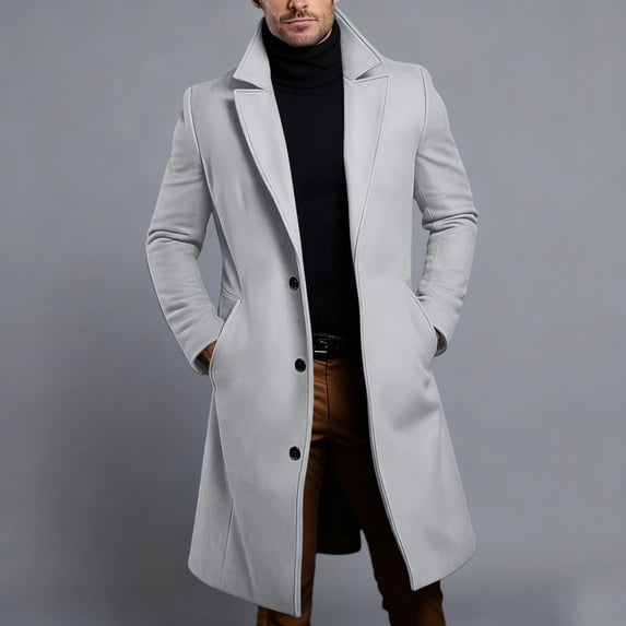Homenesgenics Jackets for Men Big and Tall Turn-Down Collar Button-Front Long-Sleeve Mid-Length Trench Outerwear with Pockets Gray XXXXL