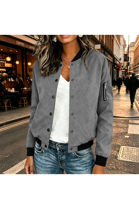 Jackets for Women Fashionable Solid-Color Buttoned Patchwork Ribbed Long-Sleeve Pocketed Round-Neck Suede with Lined Gray S