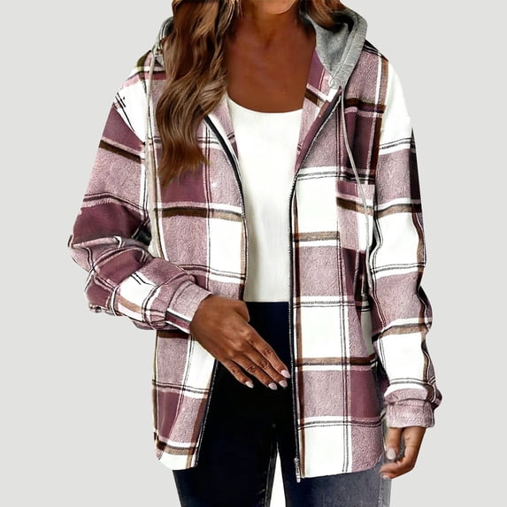 Homenesgenics Jackets for Women Plus Size Flannel Casual Fleece Plaid Hooded Long-sleeve Button Down Shackets Hooded Thick Sweatshirt Coat Tops