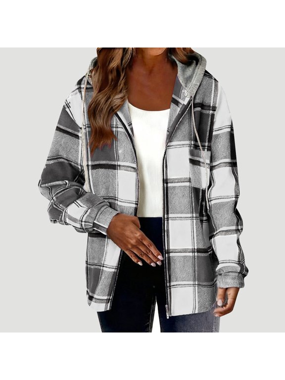 Jackets for Women Plus Size Flannel Casual Fleece Plaid Hooded Long-sleeve Button Down Shackets Hooded Thick Sweatshirt Coat Tops